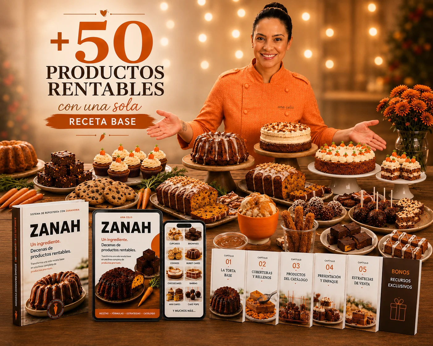 +50 productos rentables de repostería con zanahoria: torta, brownies, cupcakes y catálogo ZANAH