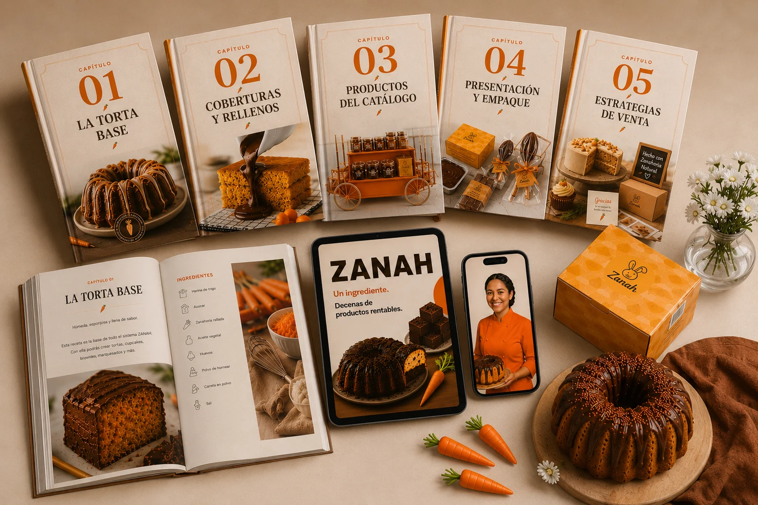 Resumen del contenido de ZANAH: catálogo, tablet, celular y cake de zanahoria